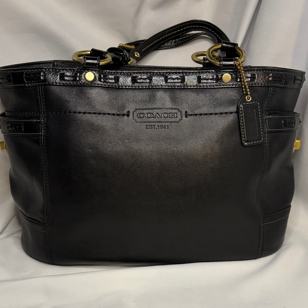 Coach Black Leather Tote with Gold Accents